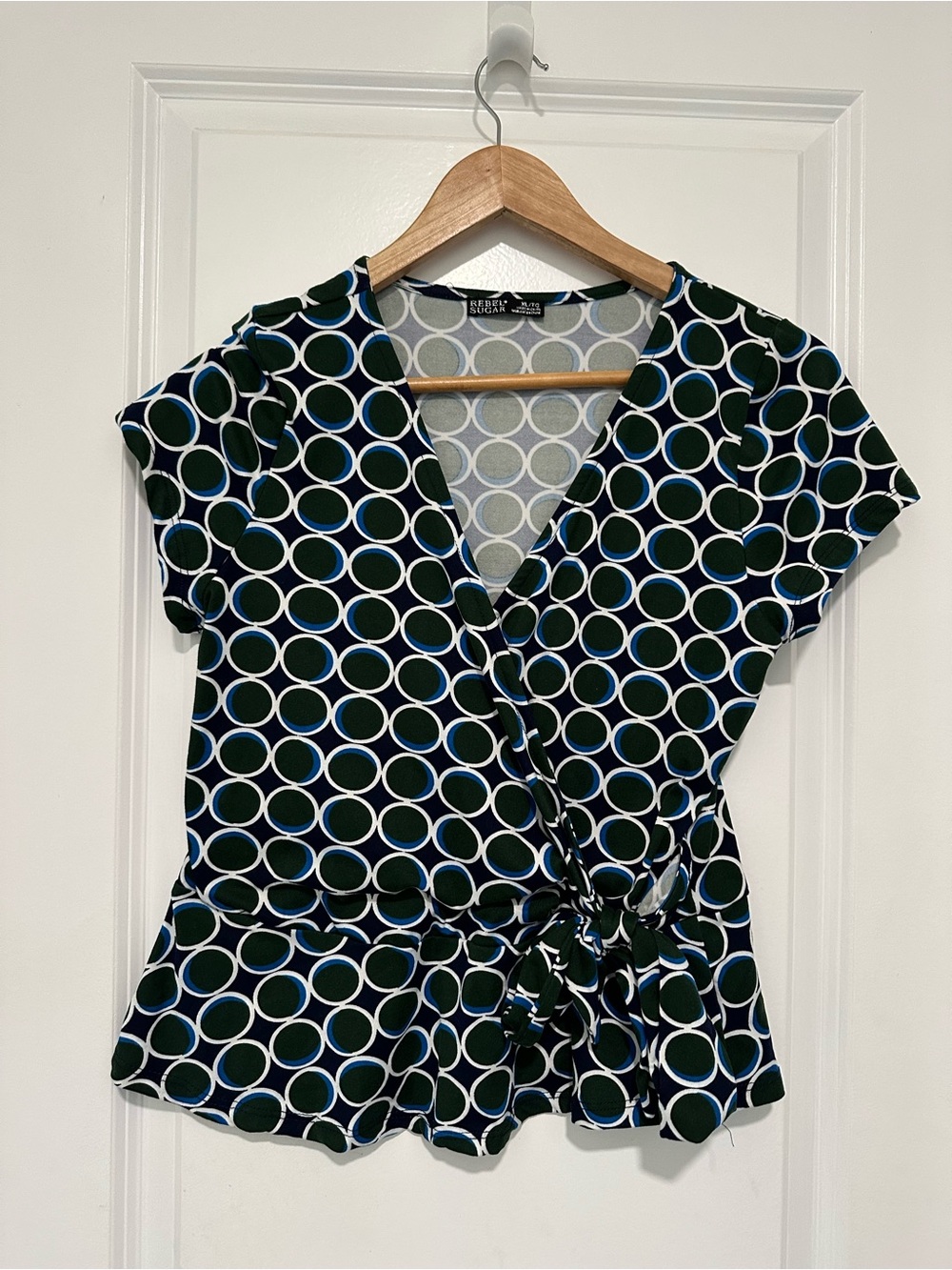 Rebel Sugar Blue, Green & White Faux Wrap Peplum Blouse